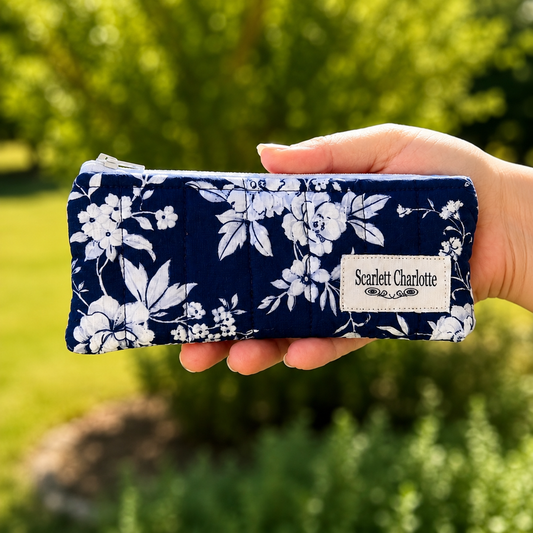 Deep Indigo & Porcelain Blooms Pencil Case
