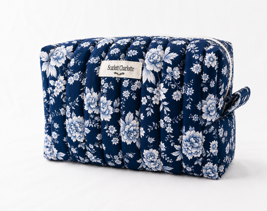 Deep Indigo Blue With Porcelain Flowers Large Makeup Bag
