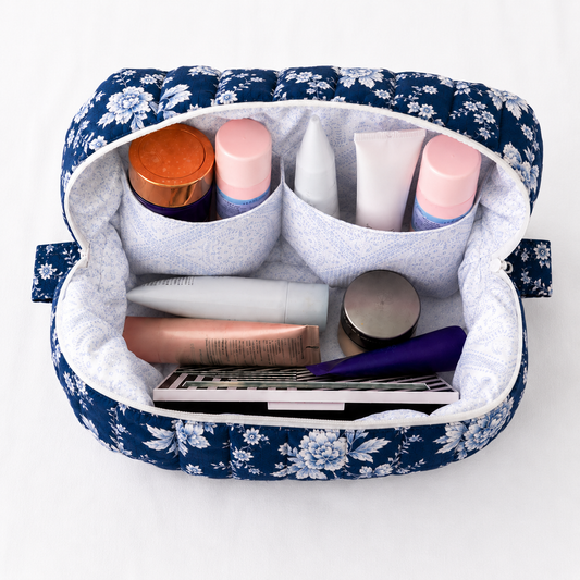 Deep Indigo Blue With Porcelain Flowers Large Makeup Bag