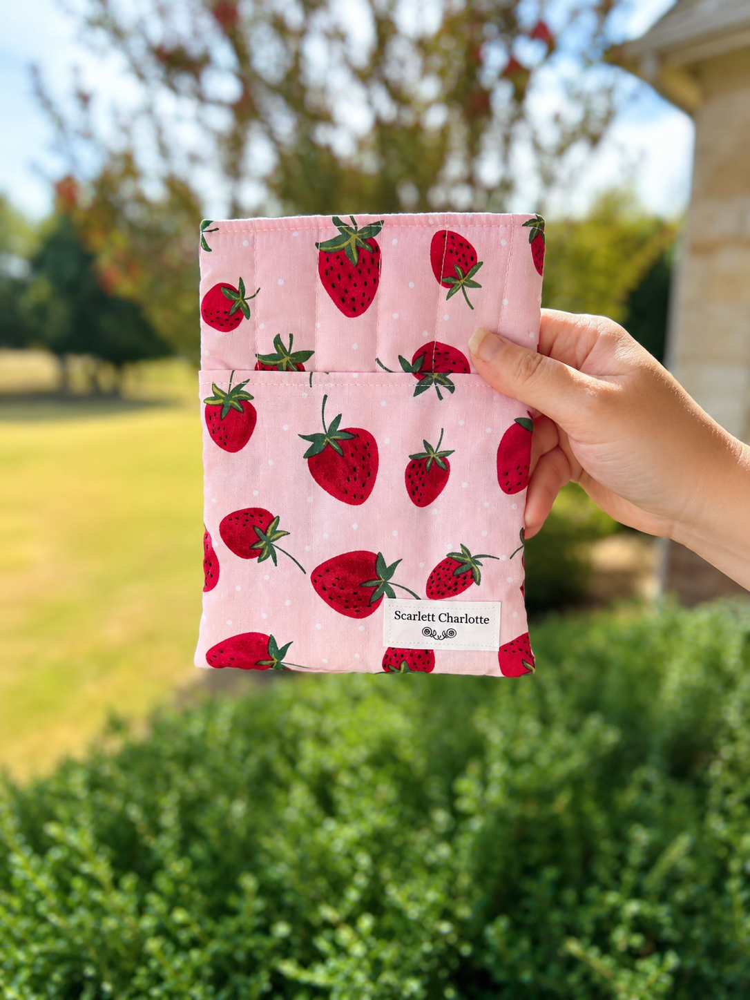 Sweet Strawberries On Pink Quilted E-Reader and Book Sleeves