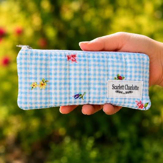 Dainty Blue Check & Tossed Blooms Pencil Case