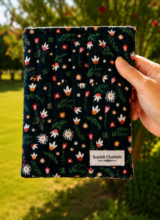 Deep Green With Scattered Wildflowers Quilted E-Reader and Book Sleeves