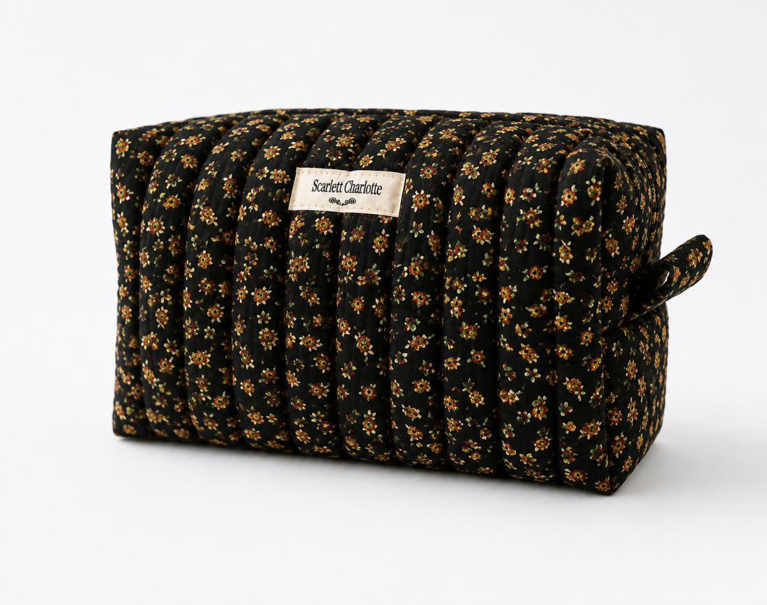 Ditsy Autumn Floral on Black Large Makeup Bag