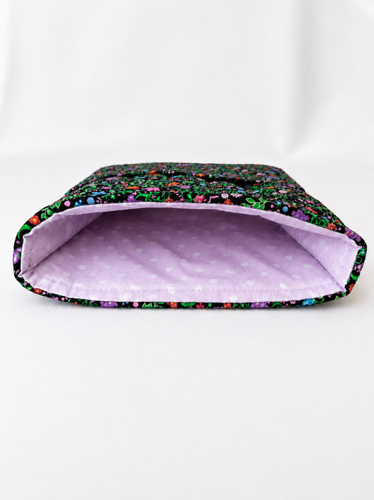 Multi-Colored Ditsy Florals On Black Quilted E-Reader & Book Sleeves