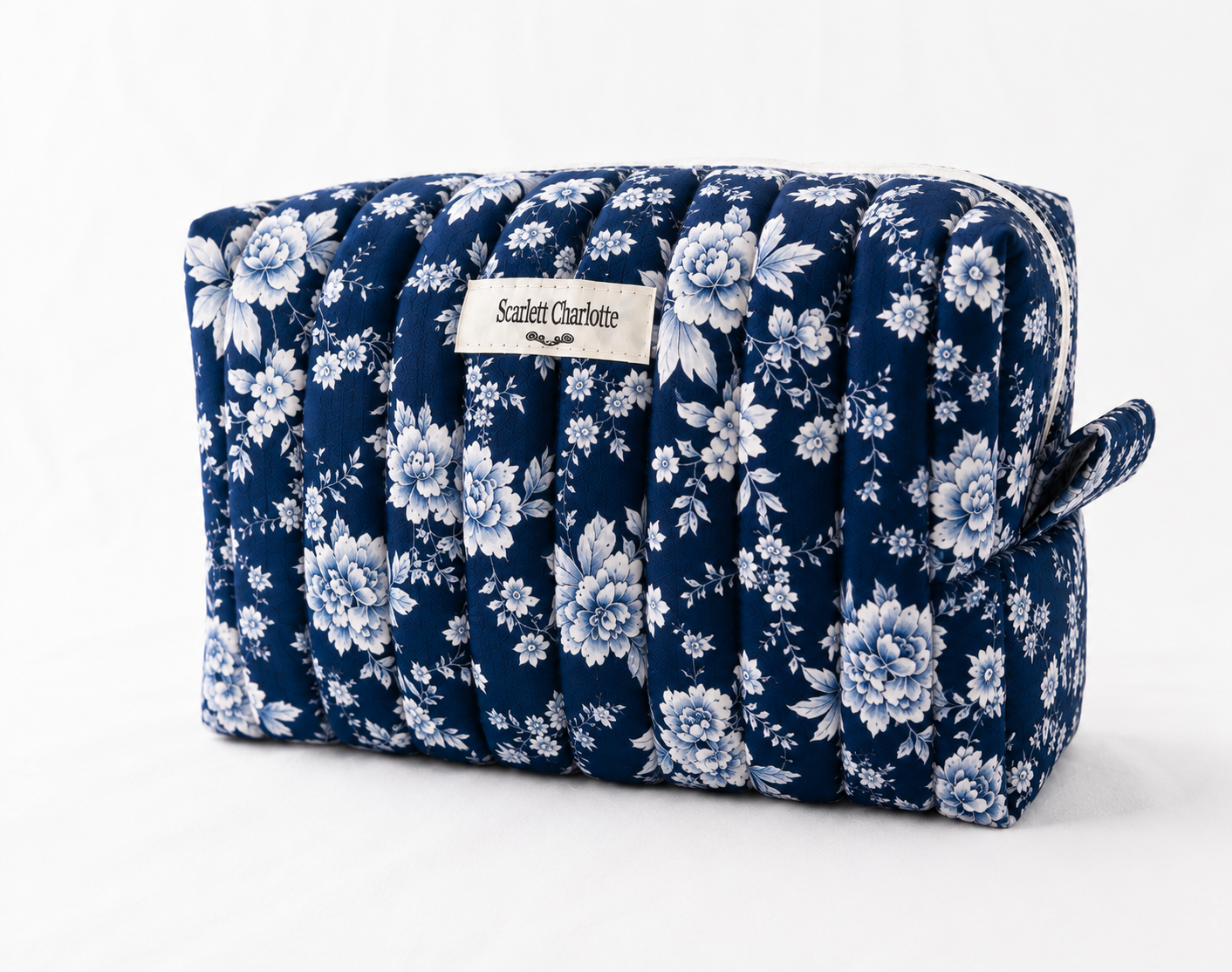 Deep Indigo Blue With Porcelain Flowers Large Makeup Bag