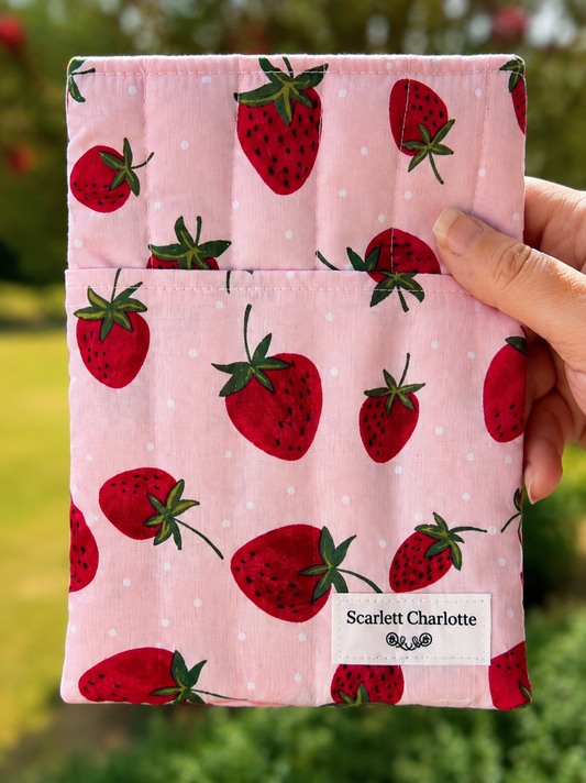 Sweet Strawberries On Pink Quilted E-Reader and Book Sleeves