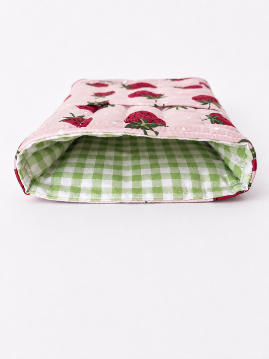 Sweet Strawberries On Pink Quilted E-Reader and Book Sleeves