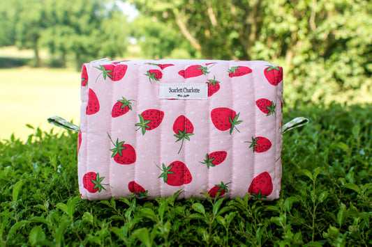 Sweet Strawberries on Pink Large Makeup Bag